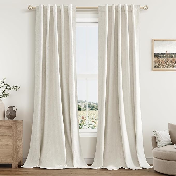 Guken Cream 100% Blackout Linen Curtains 40 Inch Wide by 84 Inch for Living Room Bedroom Back Tab Thermal Insulated Black Out Drapes Room Darkening Window Curtains