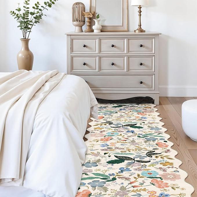 Hallway Floral 2'6x14 Runner Rugs: Washable Scalloped Soft Carpet with Non-Slip Backing for Entryway Kitchen Stain-Resistant Bedroom Floor Mat – Gifts for Newlyweds/Household Home Dcor (2'6x14,Cream)