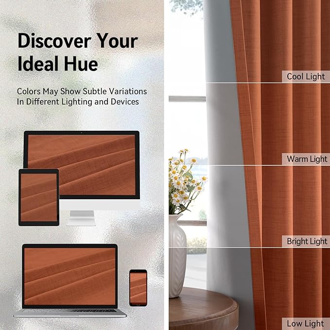100% Blackout Shield Linen Blackout Curtains for Bedroom, Orange Grommet Curtains for Living Room, Thermal Insulated Room Darkening Drapes for Nursery, Boho Home Decor, 50" W x 96" L, 2 Panels