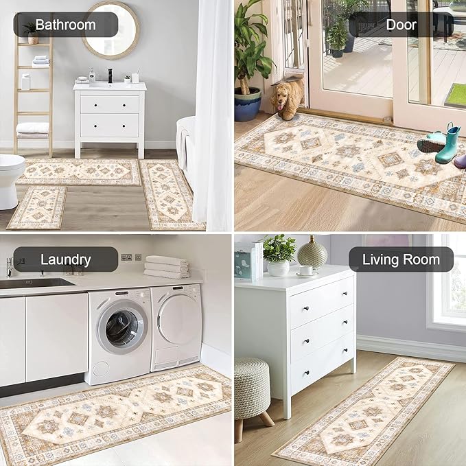 HEBE Boho Kitchen Rug Sets 3 Piece with Runner Non Slip Kitchen Rugs and Mats Washable Kitchen Mats for Floor Thick Kitchen Floor Mat Carpet Runner Rugs for Hallway Laundry Holiday Decor