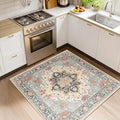 Area Rugs Square 4ft Washable Non-Slip, Floral Vintage Distress Print Pattern Medallion Carpet for Living Room Bedroom Dining Room, Beige Navy Blue Orange Colorful