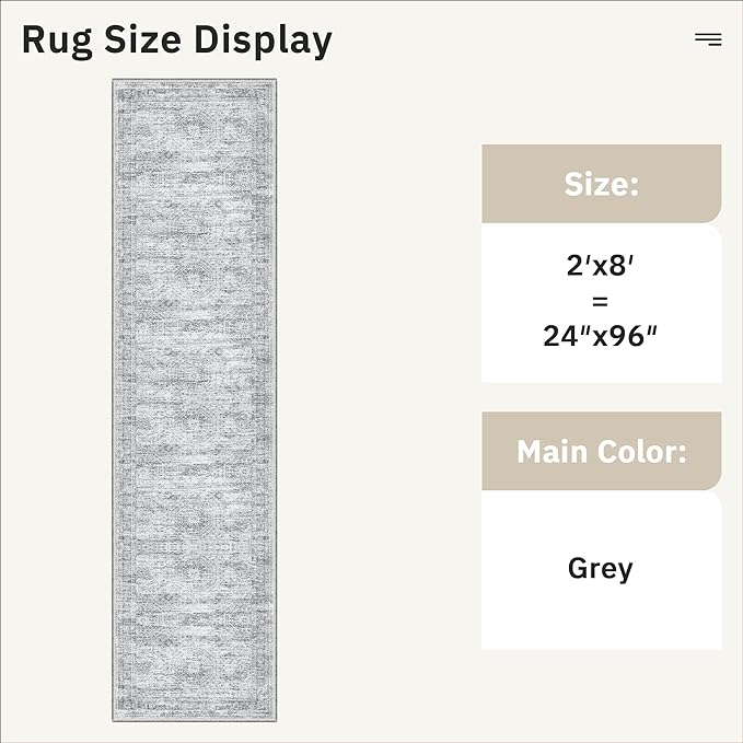 Runner Rug 2'x8' Washable Non-Slip Runner Rugs for Kitchen Bathroom Laundry Room Grey Vintage Floor Carpet Runners for Hallway Entryway