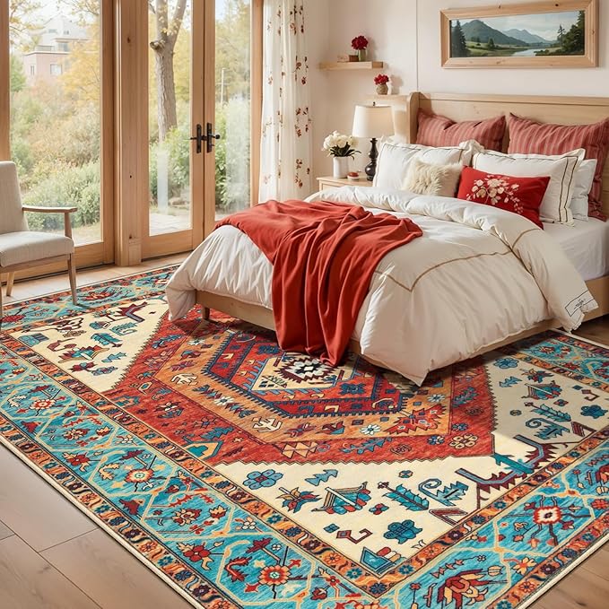 SERISSA 7x9 Area Rugs for Living Room, Large Washable Non-Slip Boho Rug, Ultra Soft Vintage Orange Oriental Tribal Print Distressed Carpet for Dining Room Bedroom Dorm Office Home Decor