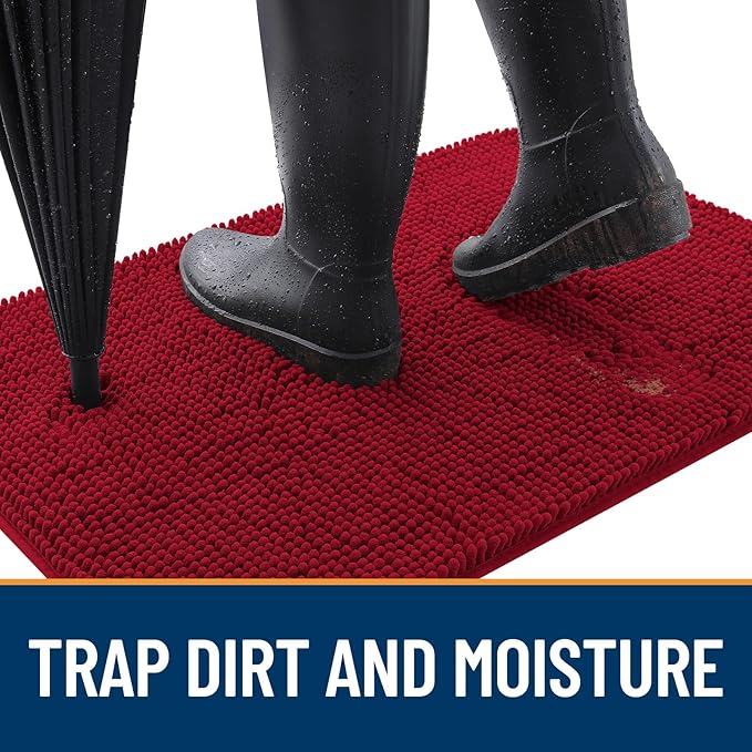 OLANLY Dog Door Mat for Muddy Paws 45x27, Absorbs Moisture and Dirt, Absorbent Non-Slip Washable Doormat, Quick Dry Chenille Mud Mat for Dogs, Entry Indoor Entryway Carpet for Inside Floor, Red