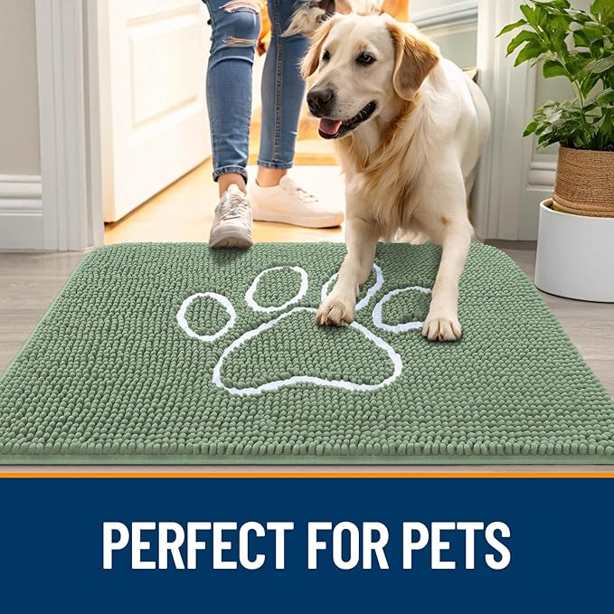 OLANLY Dog Door Mat for Muddy Paws 24x16, Paw Print Design, Absorbs Moisture and Dirt, Non-Slip Washable Doormat, Quick Dry Chenille Mud Mat, Entry Indoor Entryway Carpet, Olive Green and White