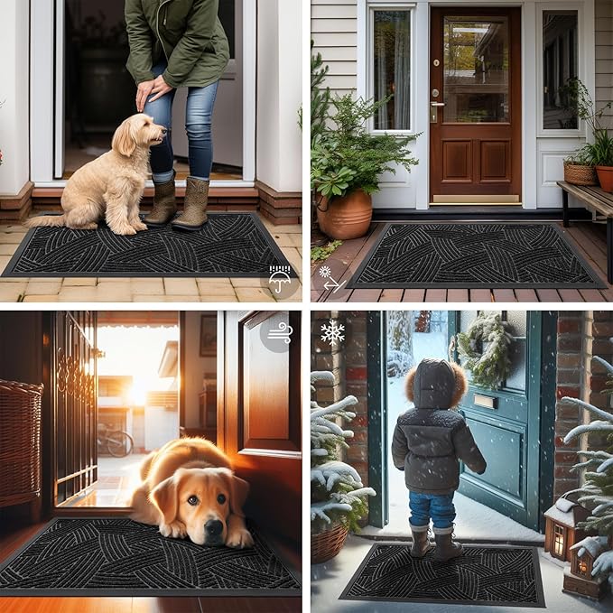 Smiry Front Door Mat Outside Entrance, Heavy Duty Sturdy Natural Rubber Doormat, Trap Dirt and Moisture, Easy Clean Low Profile Mats for Indoor Outdoor Entry, Interwoven Stripes 29.5x17, Black