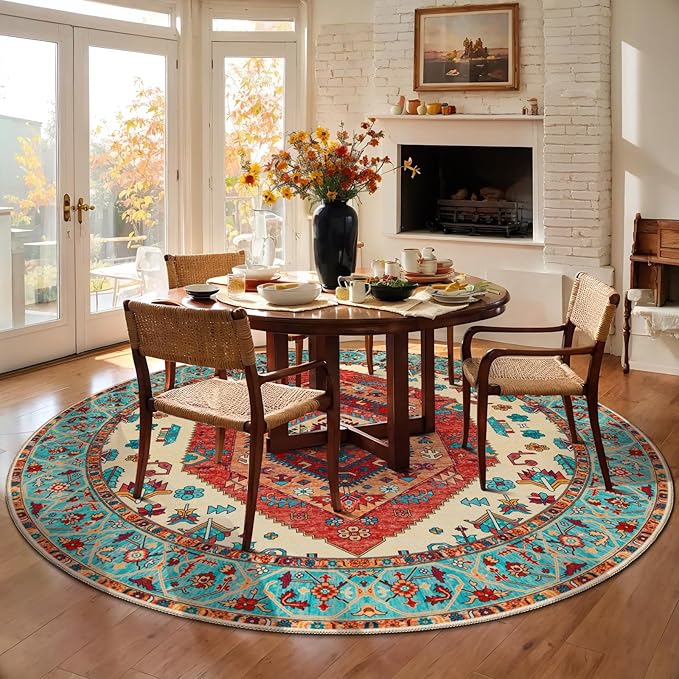 SERISSA Boho Round Area Rug, 6ft Washable Non-Slip Circle Rug, Ultra Soft Oriental Vintage Orange Low-Pile Circular Carpet for Bedroom Entryway Kids Room Office College Dorm Living Room