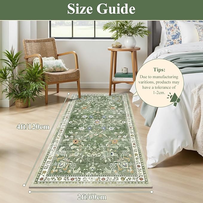Yamaziot Washable Runner Rug 2x4 – Non Slip Boho Floral Hallway Runner Rug with Rubber Backing, Low Pile Faux Wool Distressed Carpet for Kitchen, Laundry, Bedroom, Entrance, Green