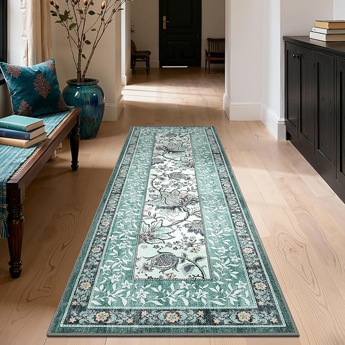 GarveeHome Teal 8x10 Area Rugs for Living Room, Botanical Grove Cottagecore Washable Rug for Bedroom Dining Nursery Low-Pile Vintage Large Carpet