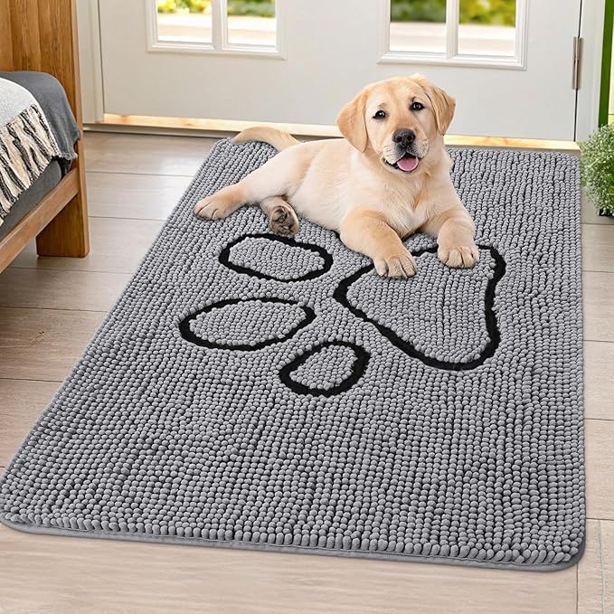 Smiry Dog Door Mat for Muddy Paws, Absorbent Dirt Trapper Non Slip Quick Dry Washable Chenille Mat for Mud Dogs, Entry Rug for Indoor and Outdoor (40x32 Inches, Grey and Black)