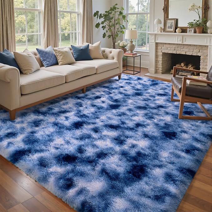 8x10 Ft Extra Large Shag Rugs for Living Room, Ultra Soft Fluffy Furry Area Rugs for Bedroom Indoor Floor, Aesthetic Carpet for Kids Home Decor (Blue)