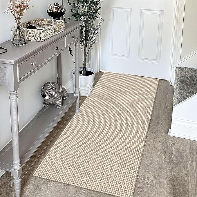 KOZYFLY Runners for Hallways 2x5 ft Washable Kitchen Runner Non Slip Rubber Backed Hall Runners Cotton Entryway Runner Rugs Floor Carpet for Indoor Backdoor Bedroom Kitchen, Ivory/Khaki