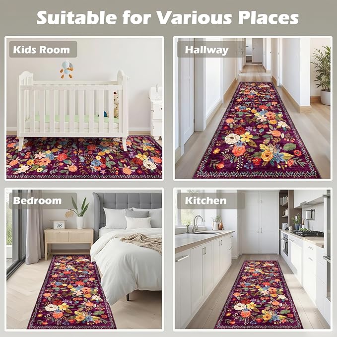 Rug for Hallways Kitchen Rug 2x8, Non Slip Washable Rugs with Rubber Backing Soft Floral Carpet Runner for Hallways, Kitchen, Laundry, Bedroom, Bathroom (2 x 8, Purple Lawn)