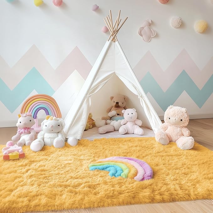 OLANLY Area Rugs for Living Room Bedroom, Machine Washable 4x5.9 ft Soft Fluffy Shaggy Bedside Rug, Indoor Floor Carpet for Kids Girls and Boys, Dorms, Nursery Rooms, Home Decor, Mustard Yellow