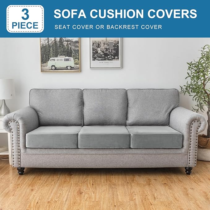 Couch Cover Stretch Velvet Sofa Cushion Cover 3-Piece - Elastic Washable Slipcover for Seat or Backrest, Couch Seat Covers for Sofas (Light Grey)