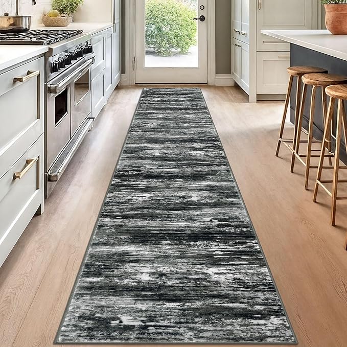 KOZYFLY Modern Abstract Runners for Hallways 2x12 Washable Rug Runner Non-Slip Soft Striped Kitchen Runner Rug, Black Grey Print Carpet Runner for Entryway Bathroom Laundry Room Foyer