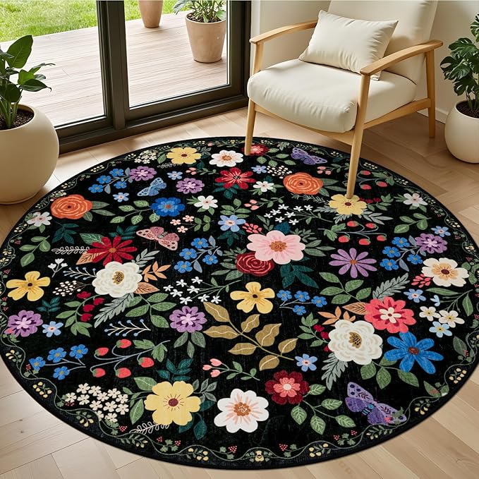 Round Area Rug for Living Room: 4 ft Floral Washable Circle Rug Soft Boho Non-Slip Carpet Indoor Stain Resistant Low Pile Small Circular Rug for Bedroom Entryway Kitchen Nursery Home Office Black
