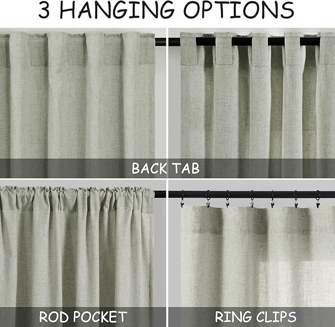 Extra Long Sage Green Curtain 2 Panels 108 inches Long for Living Room Back Tab Pocket Light Filtering Semi Sheer Drapes Cotton Linen Textured Pale Green Window Curtain 108 inch Length 9 FT Tall