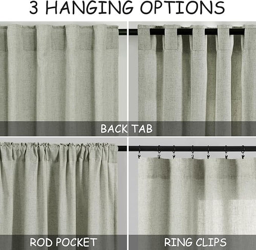 2 Panels Set Sage Green Linen Curtains 126 Inches Long for Living Room Extra Long Back Tab Curtain Neutral Farmhouse Light Filtering Semi Sheer Linen Drapes Ceiling to Floor for Large Window 52x126
