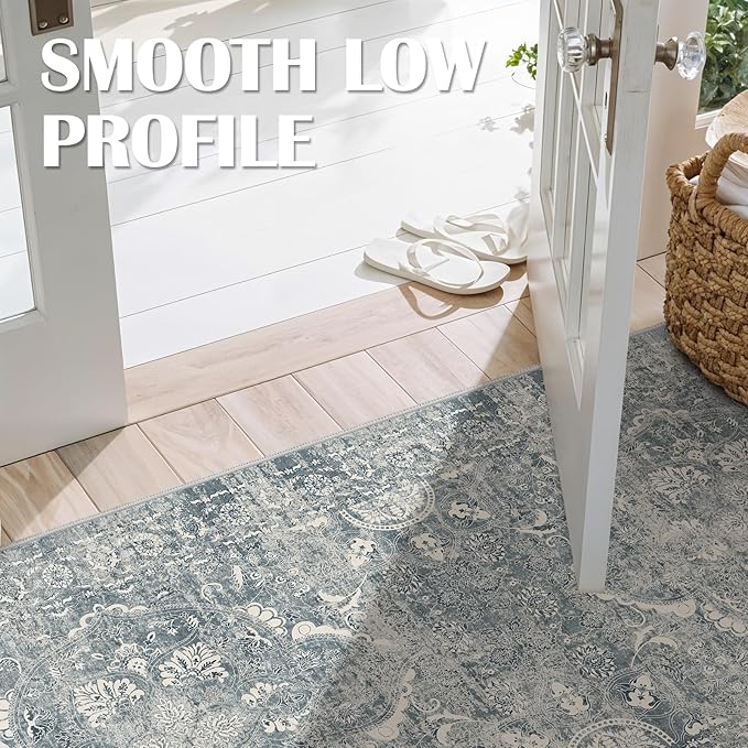 Washable 3x12 Runner Rug - Non-Slip Vintage Thin Rug for Entryway Low-Pile Medallion Long Rugs for Hallway Waterproof Traditional Runner Indoor Thin Rug for Kitchen (Blue)