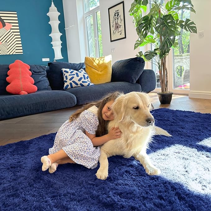 OLANLY 7x12 Machine Washable Large Area Rugs for Living Room, Bedroom, Soft Fluffy Shaggy Bedside Rug, Indoor Floor Carpet for Kids Girls and Boys, Dorms, Nursery, Home Decor Aesthetic, Navy Blue
