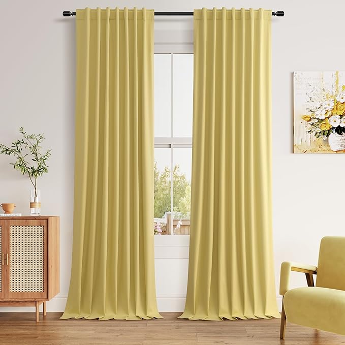 Guken Yellow 100% Blackout Linen Curtains 96 Inch Length 2 Panels Set for Living Room Bedroom Back Tab/Rod Pocket Thermal Insulated Black Out Drapes Room Darkening Window Curtains 96 Inches Long