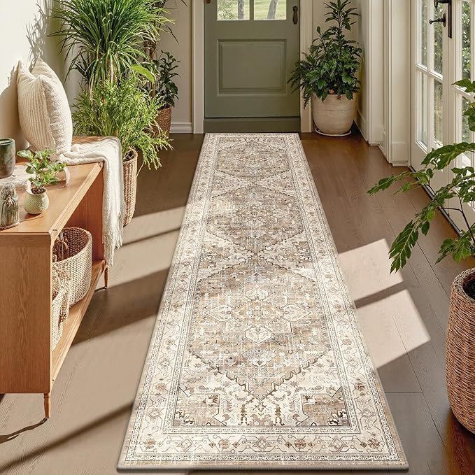Yamaziot Washable Runner Rug, 2x8 Non-Slip Boho Vintage Hallway Rug Runner with Rubber Backing, Stain Resistant & Low Pile Faux Wool Distressed Carpet Runner for Bedroom, Kitchen, Laundry, Entrance