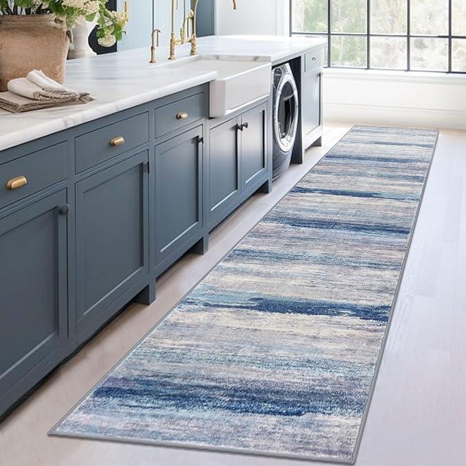 KOZYFLY Modern Abstract Washable Rug Runner 2.6x12 Hallway Rug Runner Non-Slip Soft Kitchen Runner Rugs, Blue/Grey/Beige Striped Carpet for Entryway Bathroom Laundry Room Foyer