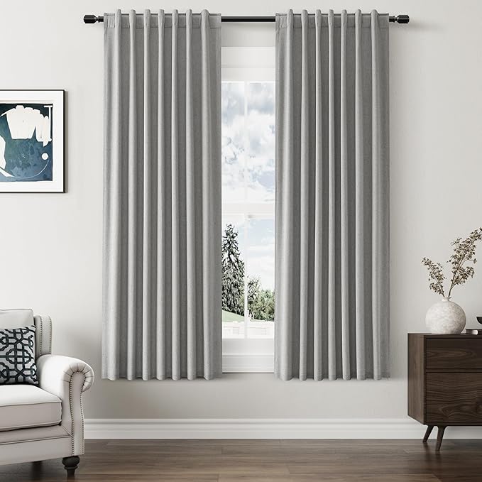 Guken Dark Grey 100% Blackout Linen Curtains 63 Inch Length 2 Panels Set for Living Room Bedroom Back Tab/Rod Pocket Thermal Insulated Black Out Drapes Room Darkening Farmhouse Window Curtains