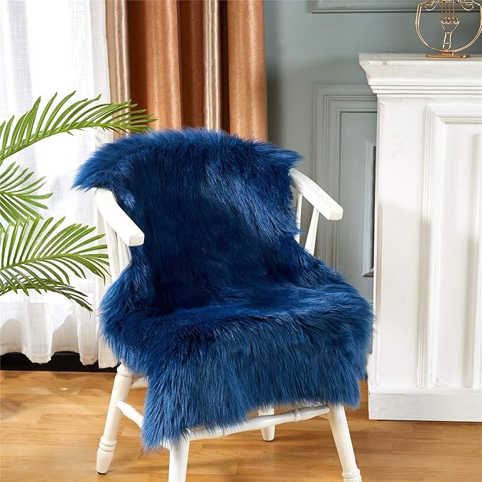 EasyJoy Ultra Soft Fluffy Shaggy Area Rug Faux Fur Rug Chair Cover Seat Pad Fuzzy Area Rug for Bedroom Floor Sofa Living Room (2 x 3 ft Sheepskin, Dark Blue)