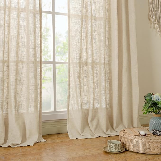 LAMIT Linen Curtains 84 inch Length for Living Room, Light Filtering Semi Sheer Panels Back Tab and Rod Pocket Neutral Drapes for Bedroom, Linen, 2 Panels, 34 x 84 Inch