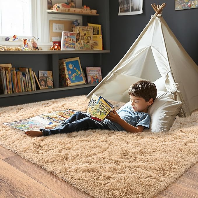 Pionblank Fluffy Area Rug for Bedroom 4x6 Feet, Indoor Plush Carpet, Shag Soft Bedside Rug, Cute Comfy Furry Rug for Living Room Dorm Girls Boys Room Nursery Decor, Camel