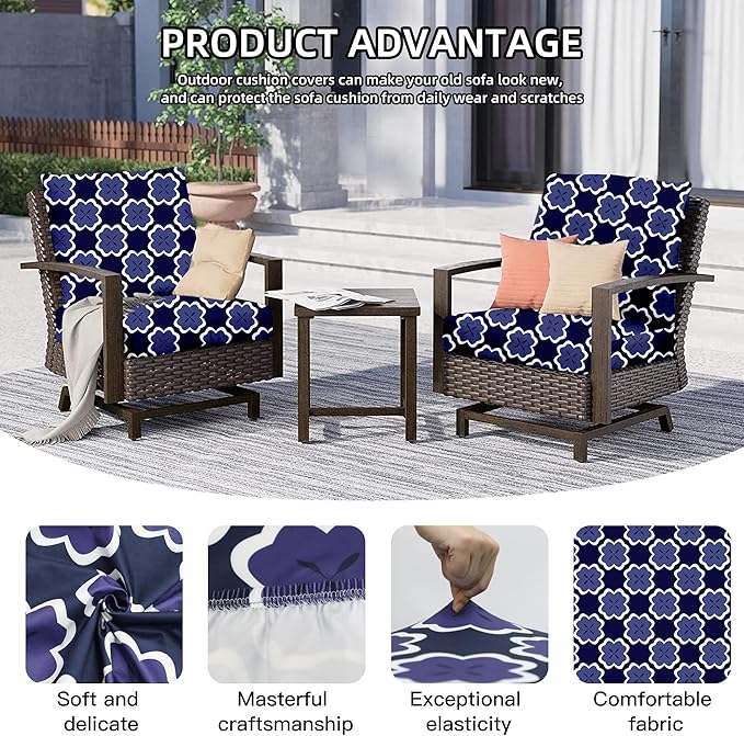 8Pcs Outdoor Cushion Covers, Patio Cushion Covers,Stretch Elastic Slipcovers, Replacement Washable & Reusable Furniture Protector for Patio Couch(Dark Blue Geometric Pattern,8PCS)