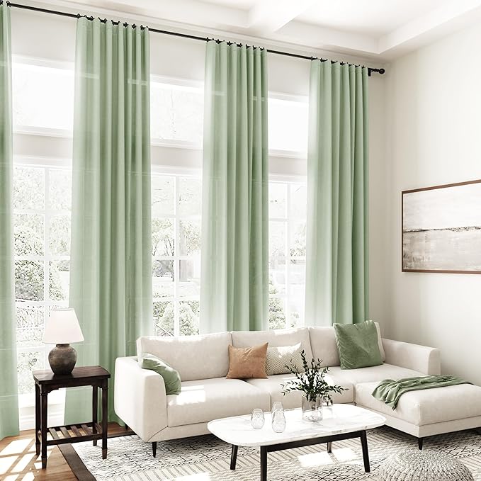 Nanspring Mist Sage Linen Curtains Semi Sheer 96 Inches Long 2 Panels Set for Living Room Back Tab Rod Pocket Light Filtering Drape for Bedroom Modern Farmhouse Coastal Decor Protect Privacy 52x96