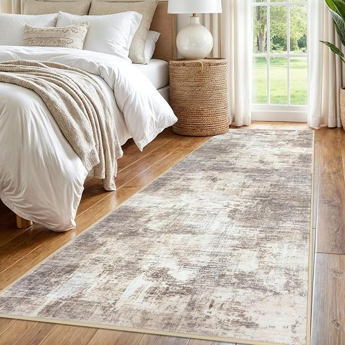 IOHOUZE Abstract Runner Rug 3x8 Ft Washable Runners for Hallways, Non Slip Kitchen Runner Printed Faux Wool Entryway Runner Indoor, Modern Abstract Floor Carpet for Hall Kitchen Bedroom, Beige Brown