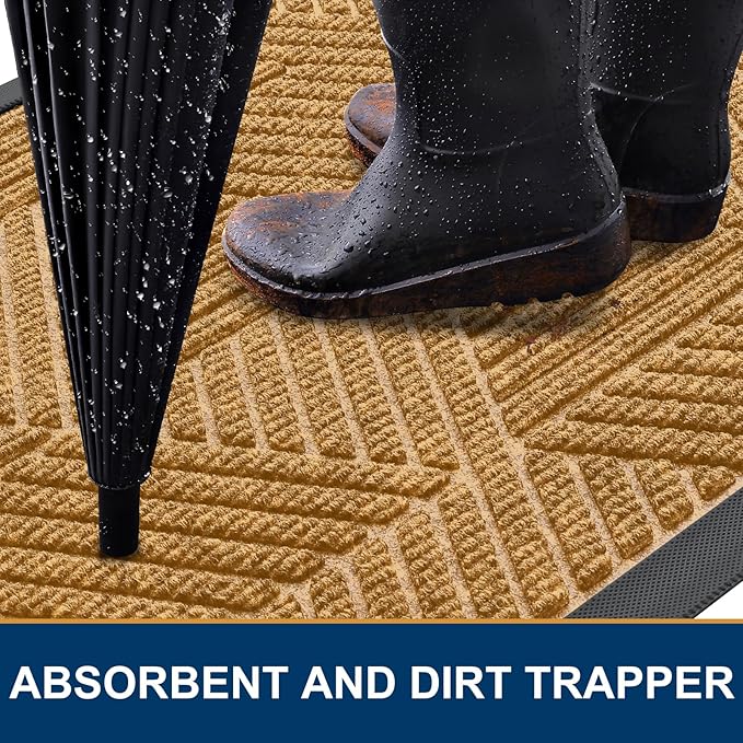 Smiry Front Door Mat Outside Entrance, Heavy Duty Sturdy Natural Rubber Doormat, Trap Dirt and Moisture, Easy Clean Low Profile Mats for Indoor Outdoor Entry, Irregular Triangle (29.5x17, CRM-Yellow)