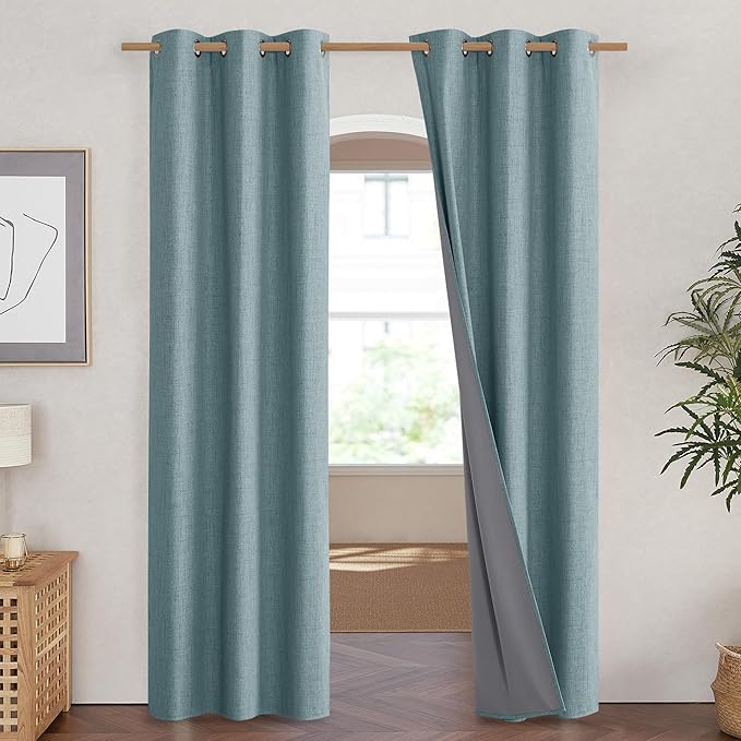 NICETOWN 100% Absolutely Blackout Linen Curtains with Thermal Insulated Liner, Skylark Blue, 42" Wide, 90" Length Energy Saving Curtains for Living Room 2 Panels Set, Vertical Blinds