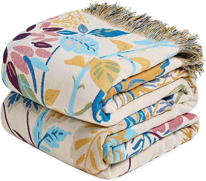 MSGKV Boho Throw Blanket for Couch Cotton Floral Blanket 50"x60" Throws for Sofa Chair Muslin Spring Breathable Lightweight Farmhouse Blankets Home Decor All Seasons