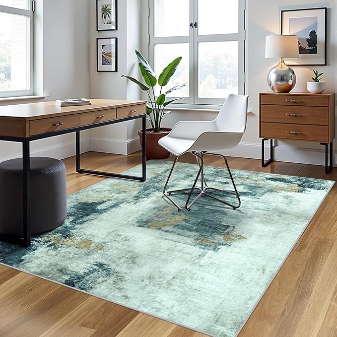 5x7 Area Rugs for Living Room Rug Washable: Abstract Rug for Dining Room Bedroom Carpet Non Slip 5 by 7 Indoor Modern Nursery Home Office Teal Grey Gold