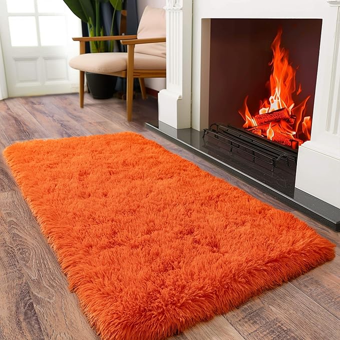 Soft Runner Rugs for Bedroom Hallways, 2x4 Orange Fluffy Shag Throw Area Rug Non Slip for Bedside Dorm, Long Shaggy Furry Carpet for Nursery Living Room
