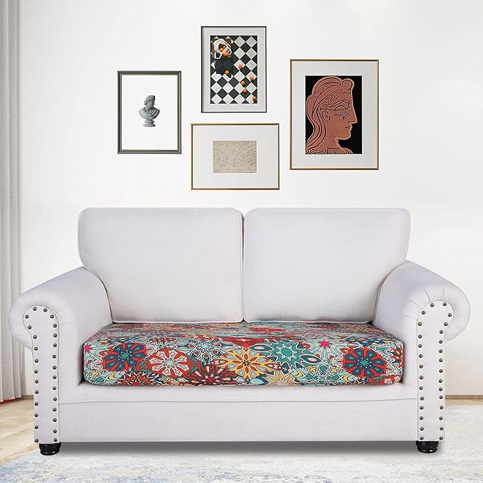 hyha Printed Couch Cushion Covers, Floral Sofa Covers Washable for 2 Cushion Couch, Stretch Pattern Outdoor Cushion Covers for Patio Furniture with Elastic Bottom(Medium, Diamond Mandala)