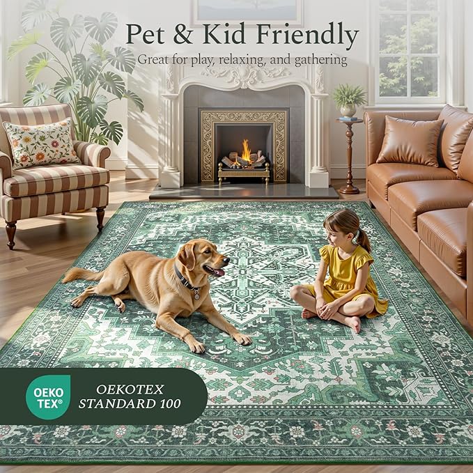 Rugflix 8x10 Area Rugs for Living Room, Machine Washable Rug Non Slip Stain Resistance, Large Rug Vintage Distressed Soft Carpet for Bedroom, Dining Room, Home Office, Green