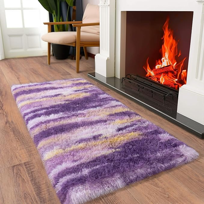 Soft Runner Rugs for Bedroom Hallways, 2x4 Abstract Purple Fluffy Shag Throw Area Rug Non Slip for Bedside Dorm, Long Shaggy Furry Carpet for Nursery Living Room