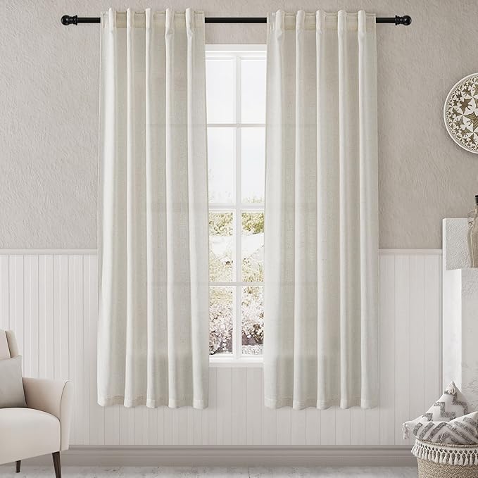 Nanspring Cream Semi Sheer Linen Curtains 72 inch Length for Living Room Back Tab Rod Pocket Modern Farmhouse Coastal Decor Cotton Textured Gauze Curtains for Dining Room Office Sunroom 38x72