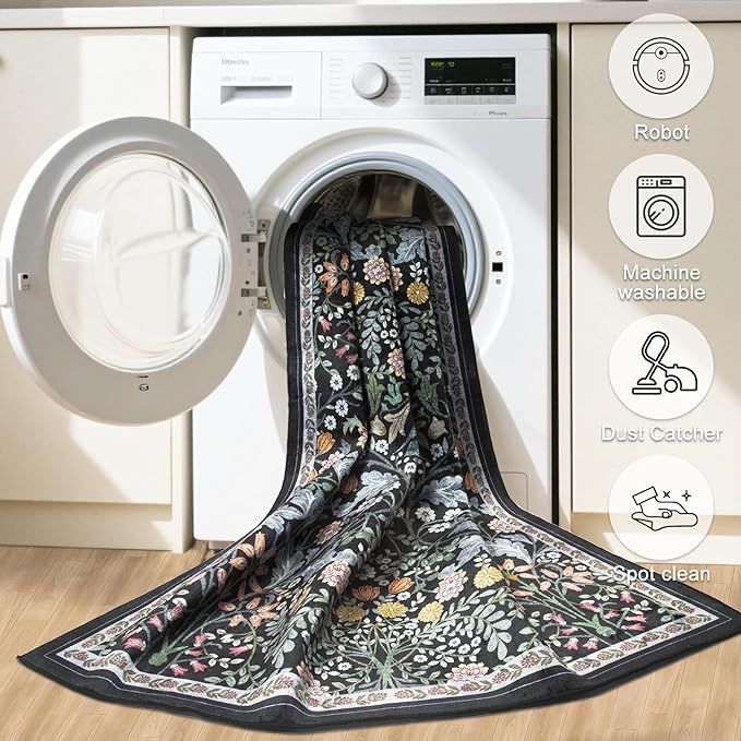 Round Area Rug for Living Room: 6 ft Floral Washable Circle Rug Soft Boho Non-Slip Carpet Indoor Stain Resistant Low Pile Small Circular Rug for Bedroom Entryway Kitchen Nursery Home Office Dark Black