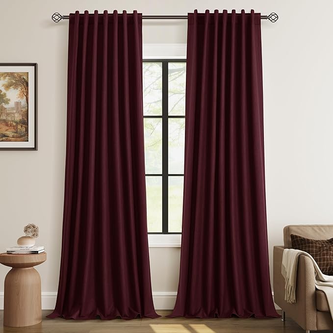 Guken 100% Blackout Curtains 90 Inch Length 2 Panels Set for Living Room Bedroom Back Tab Thermal Insulated Black Out Linen Drapes Room Darkening Window Curtains 90 Inches Long,Burgundy