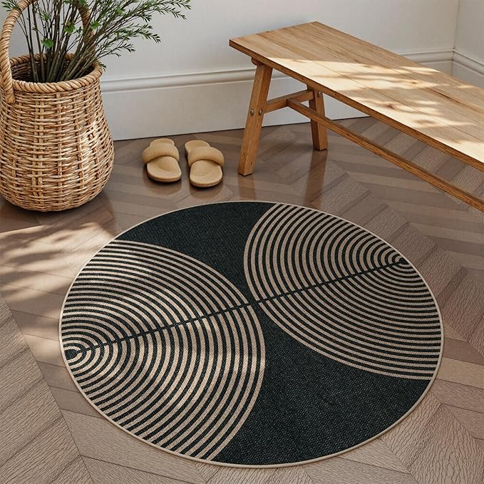 Lahome Enfys Modern Rainbow Round Rug 4ft, Circular Indoor Outdoor Kitchen Rug Washable Farmhouse Carpet, Contemporary Non Slip Round Door Mat for Bedroom Front Porch