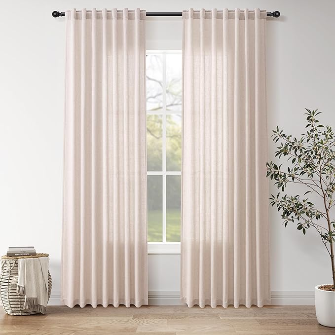 Nanspring Natural White Linen Curtains 84 Inch Length for Living Room Burlap Light Filtering Semi Sheer Curtain Back Tab Neutral Farmhouse Privacy Drapes for Bedroom Office 52x84, 2 Panels