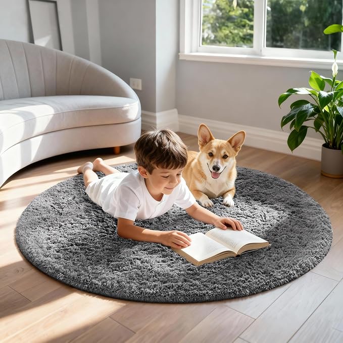 Ophanie Round Rug 4Ft Grey Circle Area Rugs, Fluffy Fuzzy Small Bedroom Carpet 4 Foot, Plush Shag Floor Gray Living Room Christmas Circular Aesthetic Decor for Kids Teen Boys Baby, Nursery, Classroom