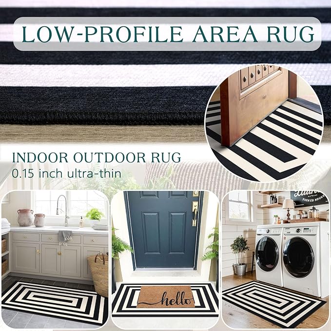 Front Door Mat Indoor Entrance - 2x4.3 Ft Modern Washable Layered Doormat Outdoor Entrance Porch Rug Non-Slip Black White Geometric Runner Rug for Kitchen Bedroom Laundry Room Porch Decor